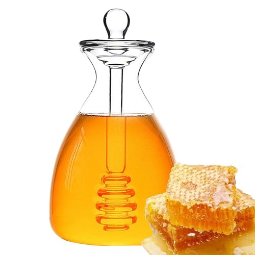 Qiwieod Glas Honigtopf Honigdose Honigspender, Honigtöpfe 17 Unzen Hitzebeständiges Honigglas Mit -Use Dipper Stick, Hitzebeständiger Bienenstock-Honigtopf, Honigspender, Honigtopf, Honigglas von Qiwieod