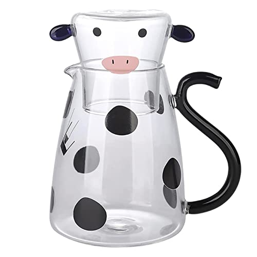 Qiwieod Kuh-Wasserkaraffe, Glass Carafe With Cup Beautiful Cow Jug, Glaskrug Mit Tasse Für Kühlschrank, Niedliche Kuh, Glas-Teekrug, Wasserkocher, 550/1800ML Cute Cow Glass Tea Pitcher Kettle Milk Jug von Qiwieod