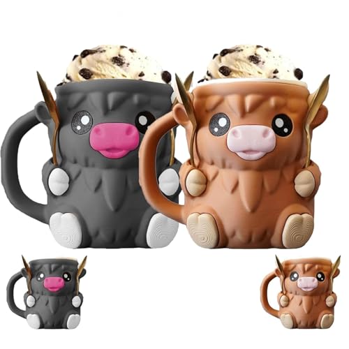 Eisbecher Halter Ice Cream Holder, Süße Highland Cow 3D Gedruckte Pint Eiscreme Halter und -Behälter, Auslaufsichere Wiederverwendbarer Gemütlicher Bierdosenhalter mit Griff & Löffel(Black+brown) von Qixfyze