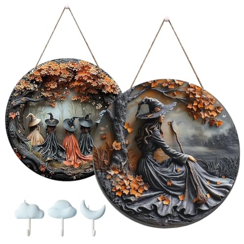 Fanyil/Pubyfun/Glosrity/Sherum/Olygee Hexen-Türschild, Hexenstunde, Halloween, Für Aufhängen an Der Tür, 2D-Hexenmotiv-Dekoration Aus Holz, Rundes Halloween-Hexenschild Mit Haken(2pcs-b,11.81") von Qixfyze