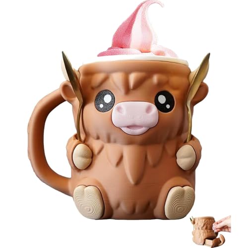 Highland Cow Eiscreme Halter, Süße 3D Gedruckte Pint Eiscreme Halter und -Behälter, Wiederverwendbarer Gemütlicher Bierdosenhalter mit Griff, Auslaufsichere Eis Am Stiel-Hüllen mit Löffel(Brown-1pc) von Qixfyze