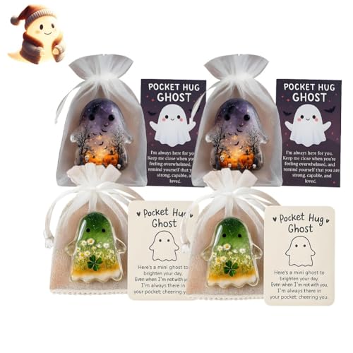 Qixfyze Ghost Pocket Hug, Pocket Hug Comfort Ghosts Mit Ermutigungskarten, Süßes Halloween-Dekor, Ghost Pockets Mini-Charm, Schulanfangsgeschenk Für Freunde(4Pcs-Green+Purple) von Qixfyze