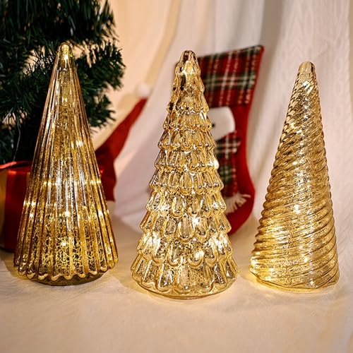 Qixfyze Mercury-Weihnachtsbäume, 5-Teiliges Mercury-Glasbaum-Set Mit 5 Stück Und Timer, Set Mit 5 Beleuchteten Glasbäumen, Vorbeleuchtete Goldene Weihnachtsdekoration, Beleuchtete Figur(3pcs) von Qixfyze