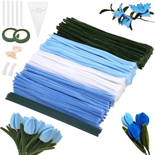 Qixora 400 Stück Pfeifenreiniger Set,4 Farben Pfeifenputzer zum Basteln,Rohrreiniger Blumen Set mit 20 Grünem Bastelfaden,Bändern,Staubgefäßen,Klebeband,Blumensäckchen für Blumenstrauß DIY Dekoratione von Qixora