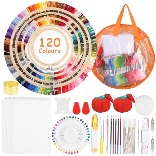 Qixora DIY Stickerei Kit, 120 Farbfäden Stickerei Starter Kit, Leicht zu Lagern Kreuzstich Set für Erwachsene, 3 Aida Tücher und Kreuzstich Werkzeug Set mit 5PCS Bambus-Stickrollen Embroidery Kit Qixora DIY Stickerei Kit, 120 Farbfäden Stickerei Starter Kit, Leicht zu Lagern Kreuzstich Set für Erwachsene, 3 Aida Tücher und Kreuzstich Werkzeug Set mit 5PCS Bambus-Stickrollen Embroidery Kit von Qixora