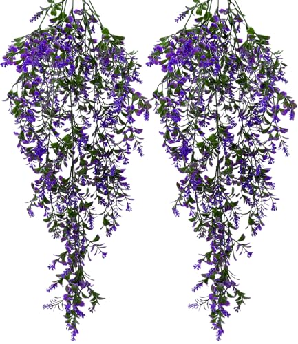Qixora Violette Kunstblumen Hängend, 2 Stück Kunstpflanze Hängend, 75 cm Kunstpflanze Künstliche, Kunstpflanzen Wie Echt Outdoor Wetterfest, Künstliche Blumen für Draußen, Garten, Innen Dekoration von Qixora
