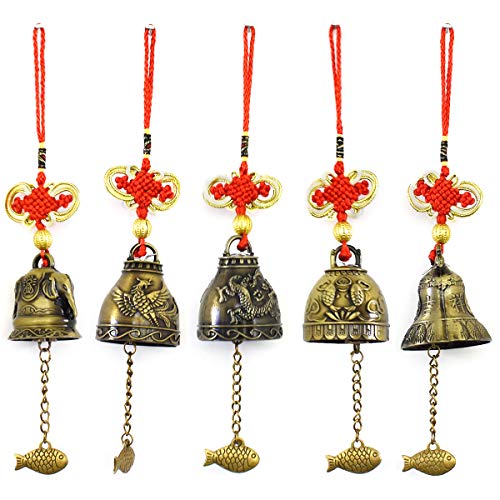 Qixuer 5 Stücke Chinesische Feng Shui Glocke,Windspiel Klangspiel Anhaengen mit Chinesischer Knoten Fengshui Glocke Dekoration Hängen Glück Segen für Haus Garten Innen und Außen 