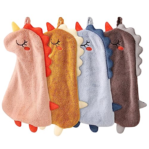 Qixuer Handtücher für Kinder, 4 Stück Tier Kinderhandtuch Set Kleine Dinosaurier Form Mikrofaser Handtuchset Schnell Trocknende Waschlappen mit Aufhängeöse Duschtuch für Küche von Qixuer