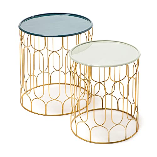 Qiyano Beistelltisch Couchtisch mit Metallkorb im 2er Set Gold Deko runder Tisch Blumentisch mit Farbkombination Mintgrün für Indoor und Outdoor, Farbe: Petrol von Qiyano