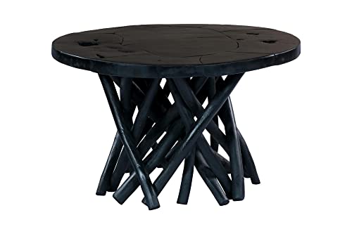 Qiyano Beistelltisch Massivholz Unikat Balkontisch Wohnzimmer Couchtisch Teakholz Treibholz-Look Retro Design Tisch rund groß, Ø ca. 60 cm, Höhe: 40 cm, Farbe: Schwarz von Qiyano