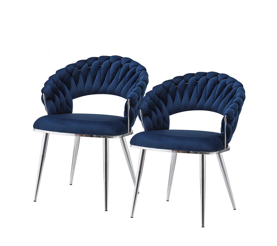 Qiyano Esszimmerstuhl 2er-Set Designstühle mit Flechtrücken Blau/Silber Stil von Qiyano
