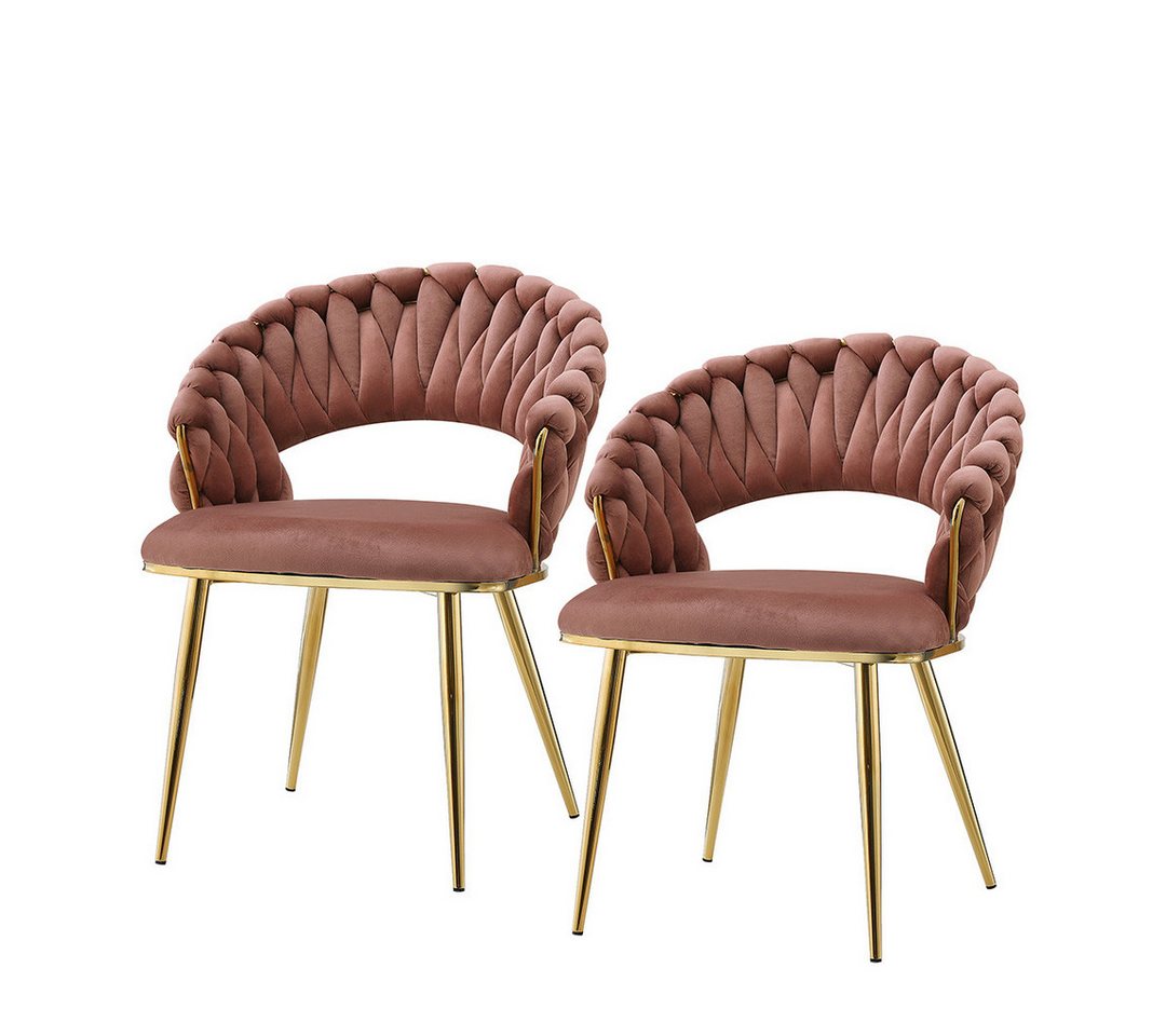 Qiyano Esszimmerstuhl 2er-Set Designstühle mit Flechtrücken Rosa/Gold Stil von Qiyano