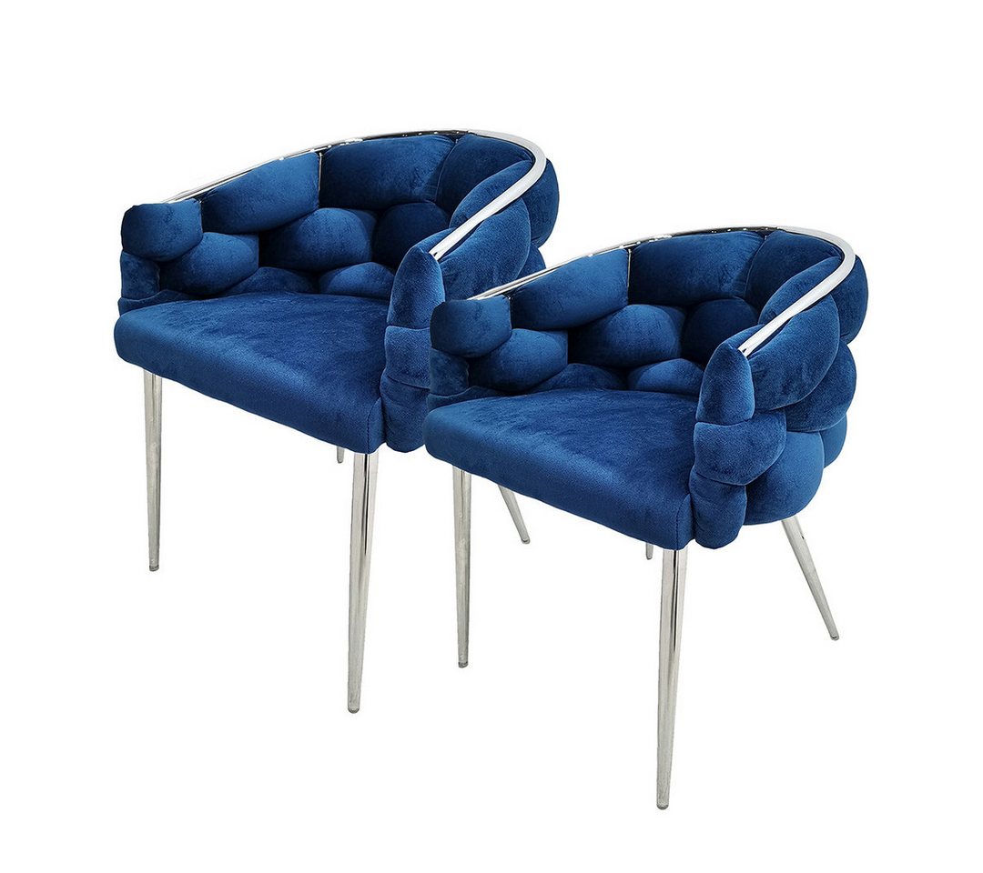 Qiyano Esszimmerstuhl Design-Stuhl 2er Set Blau/Silber - Geflochten & Gepolstert von Qiyano