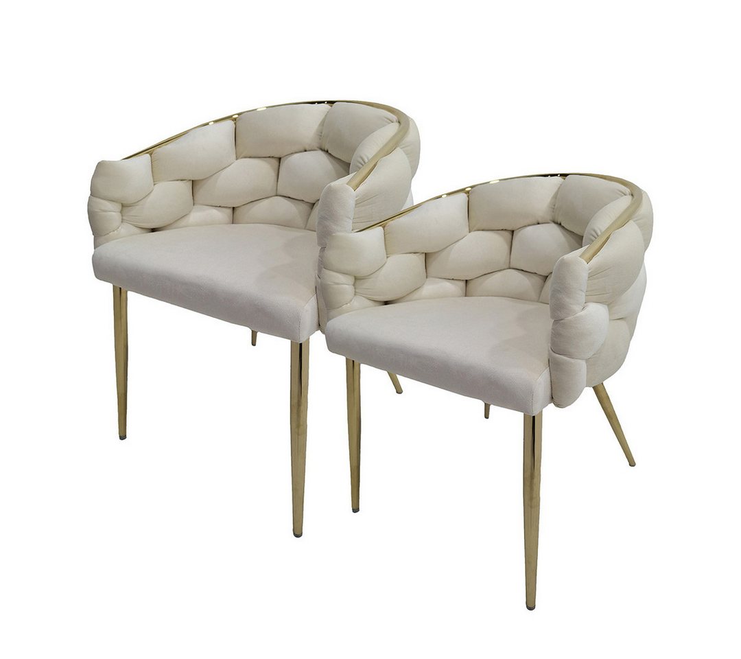 Qiyano Esszimmerstuhl Design-Stuhl 2er Set Creme/Gold - Geflochten & Gepolstert von Qiyano