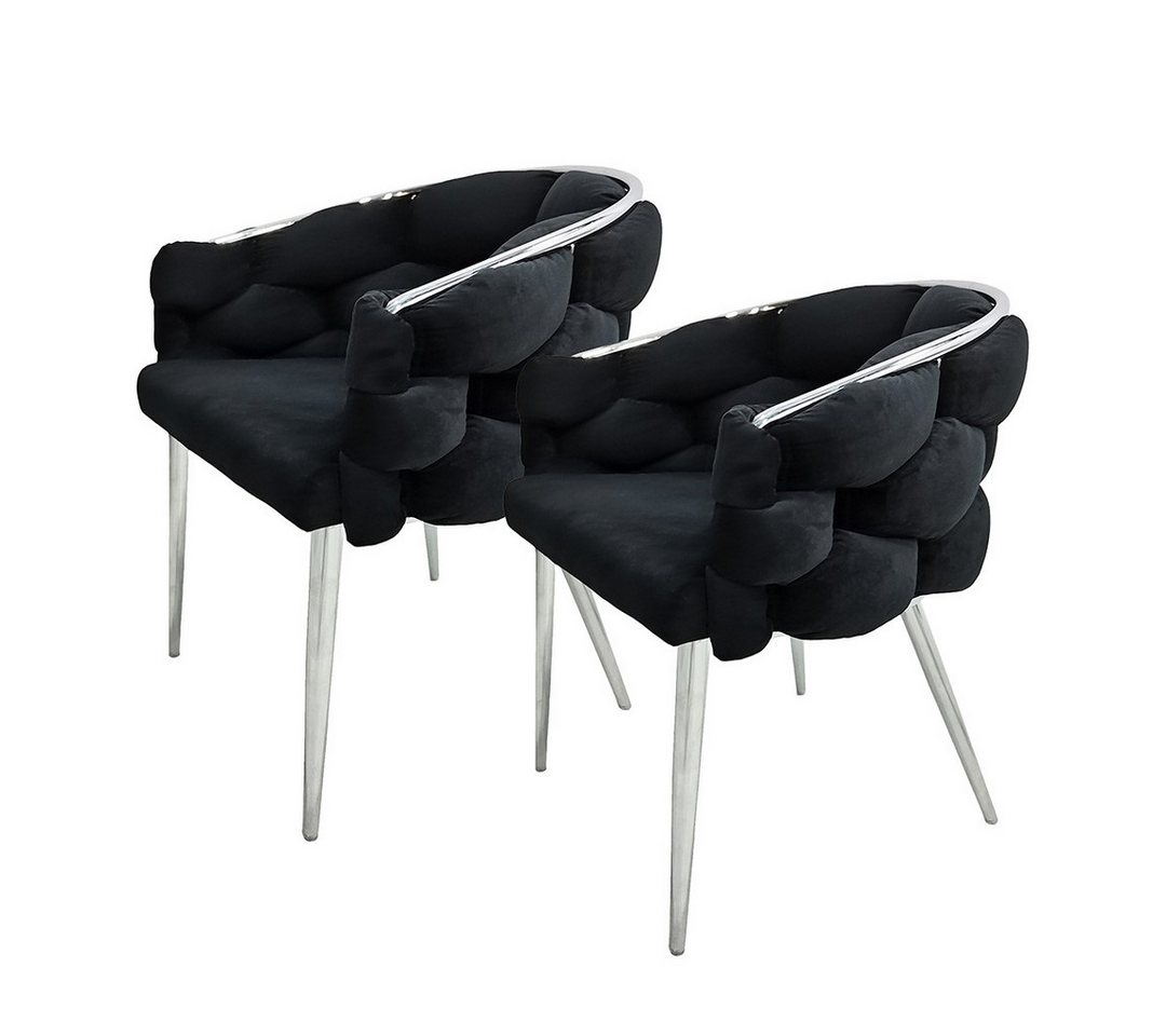 Qiyano Esszimmerstuhl Design-Stuhl 2er Set Schwarz/Silber- Geflochten & Gepolstert von Qiyano