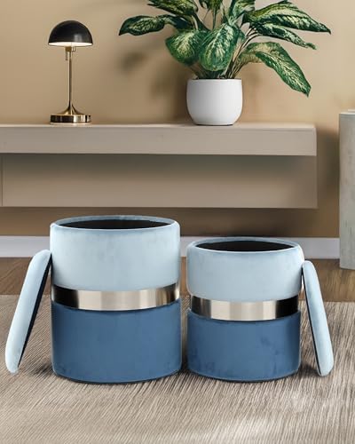 Qiyano Evelyn 2er Set Hocker mit Stauraum Blau, Sitzhocker mit Integrierten Aufbewahrungsboxen, Vielseitig für Wohnzimmer, Schlafzimmer, Garderobe von Qiyano