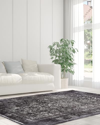 Qiyano Hikina Vintage Teppich Anthrazit 140 x 200 cm, Kurzflor Teppich Wohnzimmer & Schlafzimmer mit Baumwollrücken, Ornament-Muster, Florhöhe ca. 9 mm Qiyano Hikina Vintage Teppich Anthrazit 140 x 200 cm, Kurzflor Teppich Wohnzimmer & Schlafzimmer mit Baumwollrücken, Ornament-Muster, Florhöhe ca. 9 mm von Qiyano