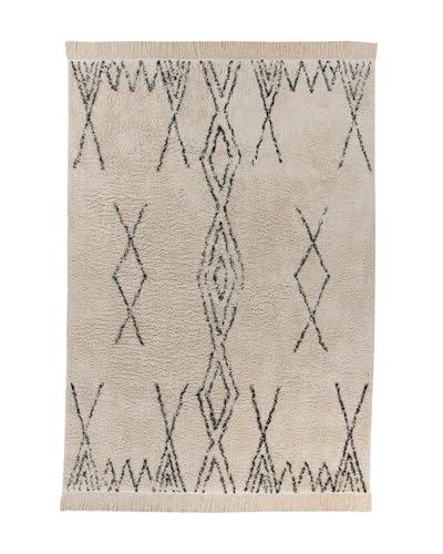 Qiyano Alena Boho Teppich Creme Schwarz 120 x 170 cm, Flauschiger Hochflor Teppich aus Baumwolle, Wohnzimmer & Schlafzimmer, Strapazierfähig, Florhöhe ca. 15 mm von Qiyano