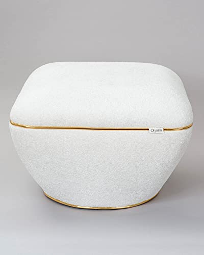 Qiyano Hocker Pouf großer Sitzhocker kuscheliger Teddystoff in Weiß modern quadratisch bequem für Wohnzimmer, Schlafzimmer, Kunstlederverzierung in Gold, Höhe ca. 43 cm, Farbe: Weiß von Qiyano