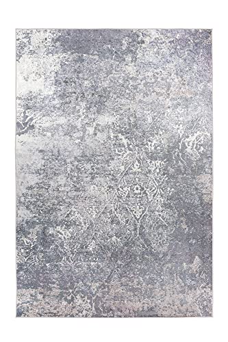 Qiyano Kurzflorteppich mit seidigem Glanz in Orient-Look Bedruckt dünner Teppich für Wohnzimmer Esszimmer pflegeleicht dunkel Flieder-Grau rutschfeste Rückseite, Farbe: Grau, Größe: 80 x 150 cm von Qiyano