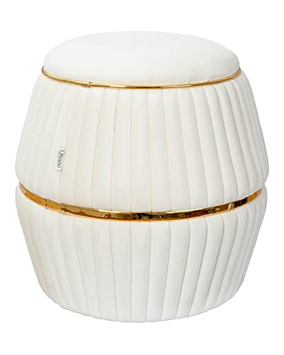 Qiyano Pouf Sitzhocker Hocker aus weichem Samtstoff in Zylinderform in Creme Beige mit Ziernähten und Kunstlederverzierung in Gold, Höhe ca. 52 cm, Durchmesser ca. 53 cm, Farbe: Beige von Qiyano