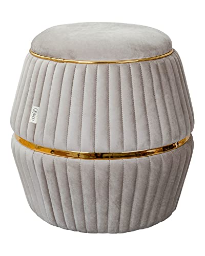 Qiyano Pouf Sitzhocker Hocker aus weichem Samtstoff in Zylinderform in Taupe mit Ziernähten und Kunstlederverzierung in Gold, Höhe ca. 52 cm, Durchmesser ca. 53 cm, Farbe: Taupe von Qiyano