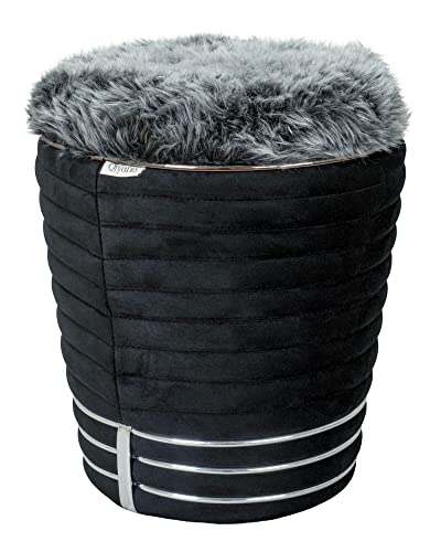 Qiyano Pouf Sitzhocker Samt, runder Fusshocker in Schwarz mit flauschigem Fellimitat, Interior Dekoration Kunstlederverzierung in Grafit - Höhe ca. 50 cm, Farbe: Schwarz von Qiyano