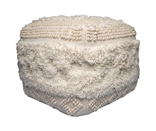 Qiyano Pouf rund im Boho-Stil aus weicher Neuseelandwolle mit Fransen und Quasten Naturmaterial handgefertigt Bohemian-Stil Ethno Hocker Wohnzimmer Schlafzimmer Garderobe Farbe: Natur von Qiyano