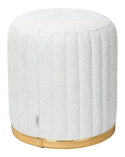 Qiyano Sitzhocker Pouf Fusshocker aus flauschigem Teddystoff in Weiß mit Ziernähten in Muscheloptik für Schlafzimmer, Wohnzimmer, Kunstlederverzierung in Gold, Höhe ca. 45 cm, Farbe: Weiß von Qiyano
