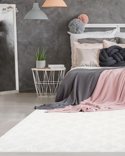 Qiyano Teppich Kurzflor marokkanisches Muster seidiger Glanz dünn weich für Wohnzimmer Schlafzimmer Läufer mit Anti-Rutsch Hell, Farbe: Weiß, Größe: 200 x 290 cm von Qiyano