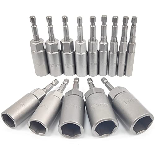 14 Stück Set Vertiefung Sechskant Stecknuss, 6-19mm Steckschlüssel, Verarbeitungstiefe 34mm Stecknuss set, Anschrauben Schraubenschlüssel für Bohrer von Qiyiche