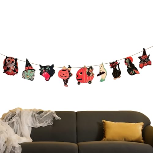 Halloween Girlande Flaggenkette - 1,6m Fest Holz Girlande Banner,Halloween Deko Innen Außen Für Terrasse Balkon Tür Fenster Eingang Garten von Qizeroty
