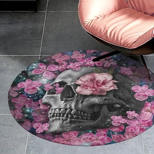 Qjjinxior 80 x 80 cm Flanell kleiner runder Teppich, Totenkopf-Blumen-Bodenmatte, rutschfeste Teppiche für Schlafzimmer, Wohnzimmer, Dekoration von Qjjinxior