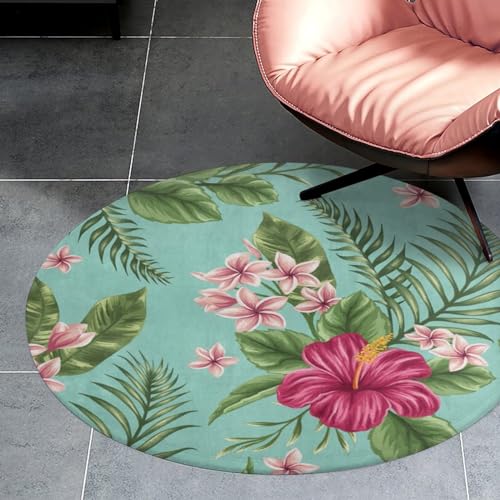 Qjjinxior 80 x 80 cm Flanell kleiner runder Teppich, hawaiianische tropische Blätter, Blumen, Bodenmatte, rutschfeste Teppiche für Schlafzimmer, Wohnzimmer, Dekoration von Qjjinxior