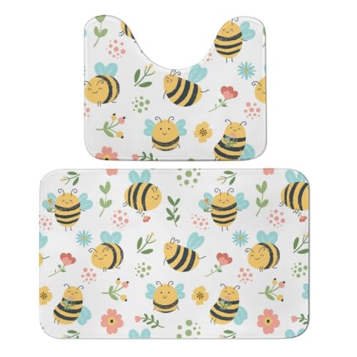 Qjjinxior Badematte, Bienenblume, 2er-Set, saugfähig, weich, 1 Badewannenteppich und 1 U-förmiger WC-Vorleger von Qjjinxior