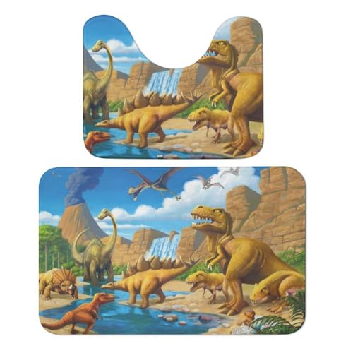 Qjjinxior Badematte, Dinosaurier-Carnivoros Badematten 2er-Set, saugfähig, weich, 1 Badewannenvorleger und 1 U-förmiger WC-Vorleger von Qjjinxior