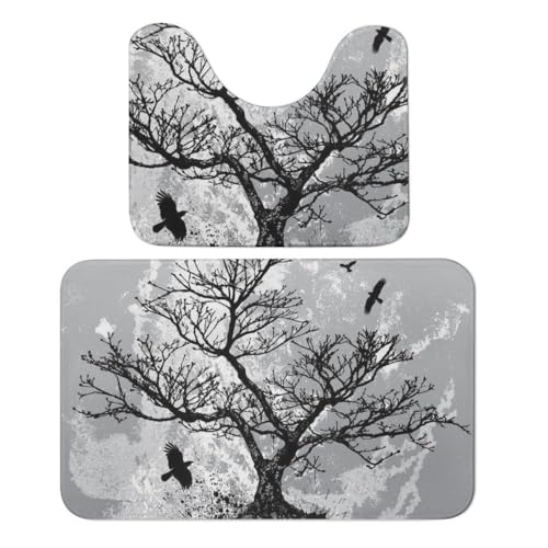 Qjjinxior Badematte, Horror-Totenkopf-Baum-Badematte, 2er-Set, saugfähig, weich, 1 Badewannenteppich und 1 U-förmiger WC-Vorleger von Qjjinxior