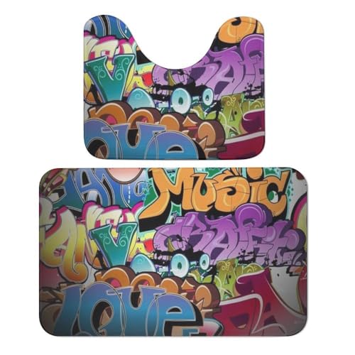 Qjjinxior Badezimmermatte, Graffiti-Hip-Hop-Badteppich-Set, saugfähig, weich, 1 Badewannenteppich und 1 U-förmiger WC-Vorleger von Qjjinxior