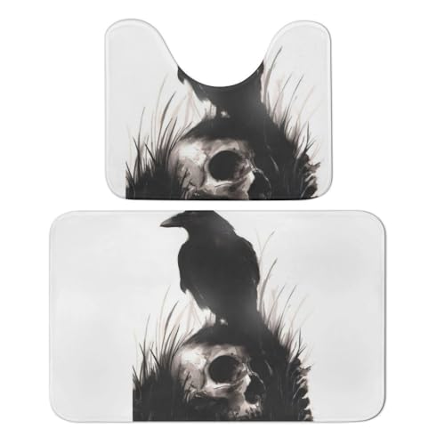 Qjjinxior Badezimmermatte, Halloween-Badematte, Totenkopf-Rabe, 2er-Set, saugfähig, weich, 1 Badewannenteppich und 1 U-förmiger WC-Vorleger von Qjjinxior