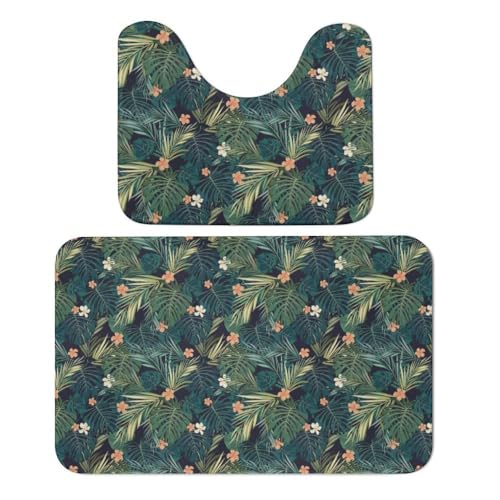 Qjjinxior Badezimmermatte, Hawaii-Palmen-Badteppich, 2er-Set, saugfähig, weich, 1 Badewannenteppich und 1 U-förmiger WC-Vorleger von Qjjinxior