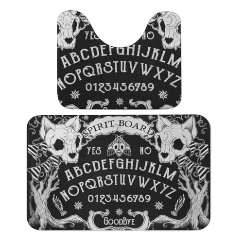 Qjjinxior Badezimmermatte, Katzenschädelkopf, Hexenbrett, schwarz, Gothic-Badteppich, 2er-Set, saugfähig, weich, 1 Badewannenteppich und 1 U-förmiger WC-Vorleger von Qjjinxior