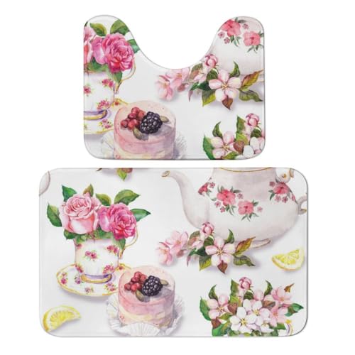 Qjjinxior Badezimmermatte, Kuchen- und Teekannen-Blumen-Badematte, 2er-Set, saugfähig, weich, 1 Badewannenteppich und 1 U-förmiger WC-Vorleger von Qjjinxior