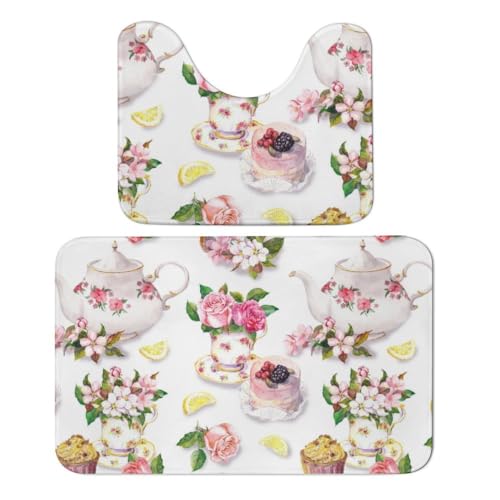 Qjjinxior Badezimmermatte, Kuchen- und Teekannen-Blumen-Badematte, 2er-Set, saugfähig, weich, 1 Badewannenteppich und 1 U-förmiger WC-Vorleger von Qjjinxior