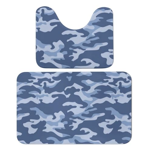 Qjjinxior Badezimmermatte, blaue Camouflage-Badematte, 2er-Set, saugfähig, weich, 1 Badewannenteppich und 1 U-förmiger WC-Vorleger von Qjjinxior
