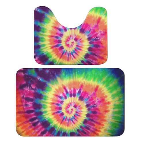 Qjjinxior Badezimmermatte, bunt, bunt, Batik-Badteppich, saugfähig, weich, 1 Badewannenteppich und 1 U-förmiger WC-Vorleger, 2 Stück von Qjjinxior