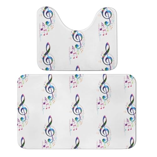 Qjjinxior Badezimmermatte, bunte Musiknoten, Badematten, 2er-Set, saugfähig, weich, 1 Badewannenteppich und 1 U-förmiger WC-Vorleger von Qjjinxior