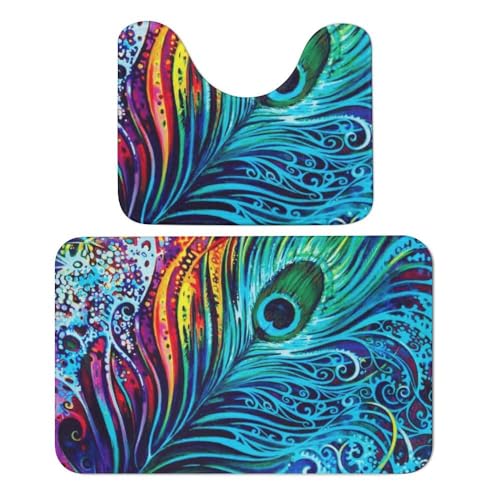 Qjjinxior Badezimmermatte, farbiger Pfauen-Badteppich, saugfähig, weich, 1 Badewannenteppich und 1 U-förmiger WC-Vorleger, 2 Stück von Qjjinxior