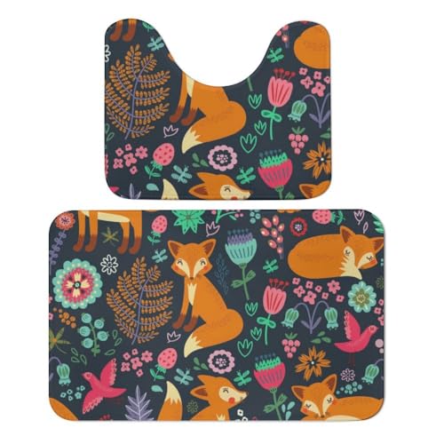 Qjjinxior Badezimmermatte, niedlicher Fuchs-Blumen-Badteppich, 2er-Set, saugfähig, weich, 1 Badewannenteppich und 1 U-förmiger WC-Vorleger von Qjjinxior