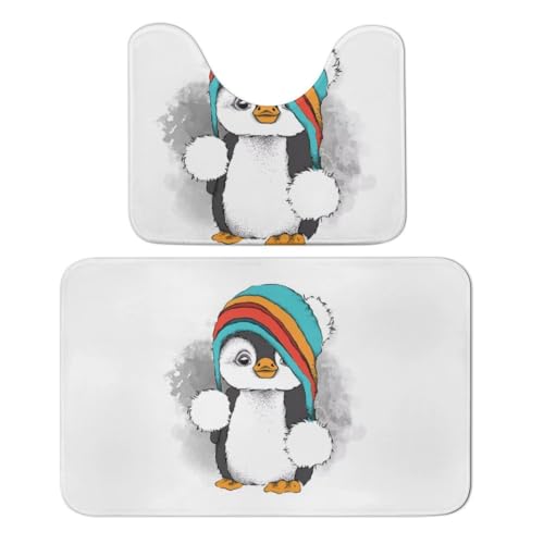 Qjjinxior Badezimmermatte, niedlicher Pinguin, 2er-Set, saugfähig, weich, 1 Badewannenvorleger und 1 U-förmiger WC-Vorleger von Qjjinxior