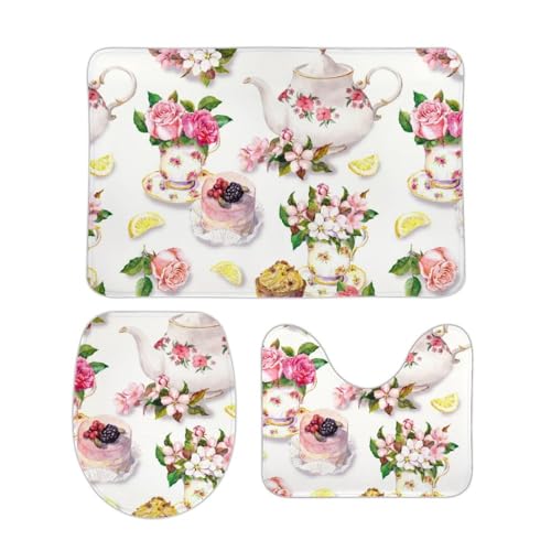 Qjjinxior Badezimmermatten-Set, 3-teilig, Kuchen- und Teekannen-Blumen-Badematte und WC-Vorleger-Set, rutschfeste WC-Vorleger für Badezimmer, WC von Qjjinxior
